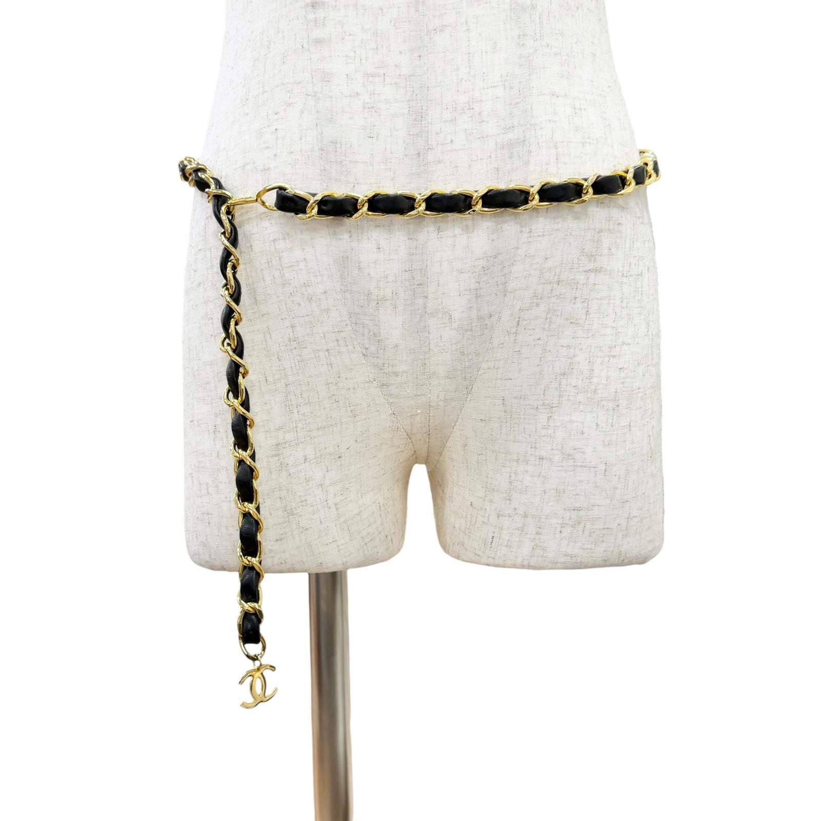 Chanel Vintage Leather Chain Belt with CC Logo Charm Gold Black Recommended — view 2