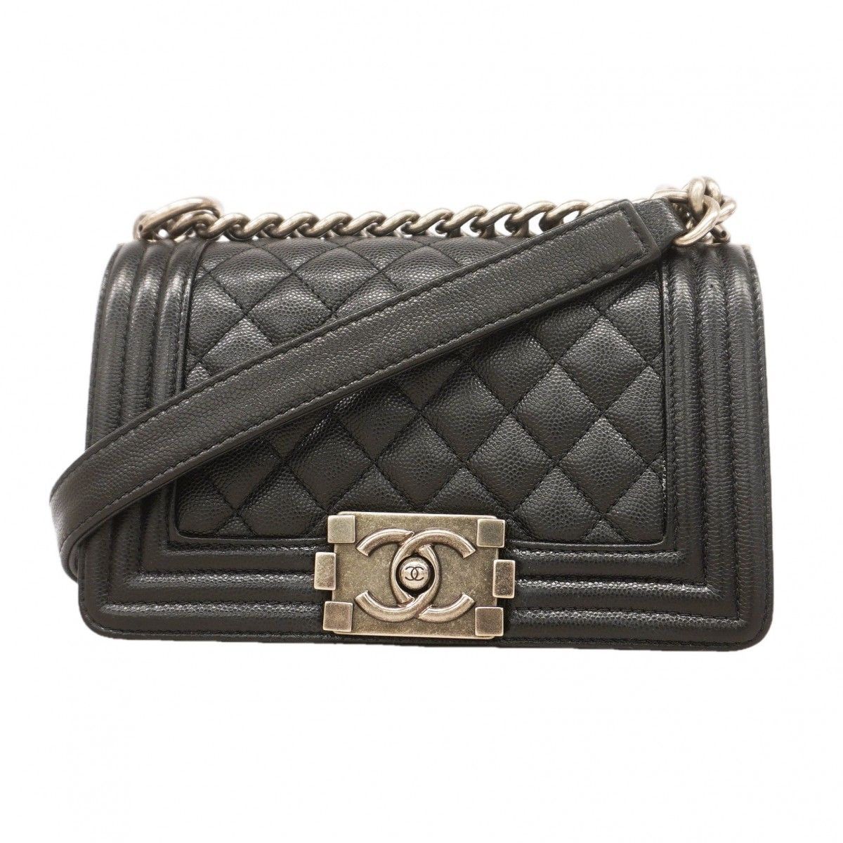 Chanel Shoulder Bag Boy Caviar Leather Black Silver