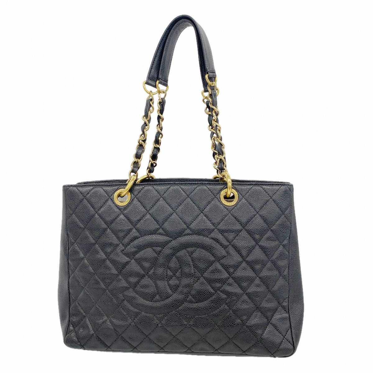 Chanel Chain Tote Quilted Caviar Leather Black Gold