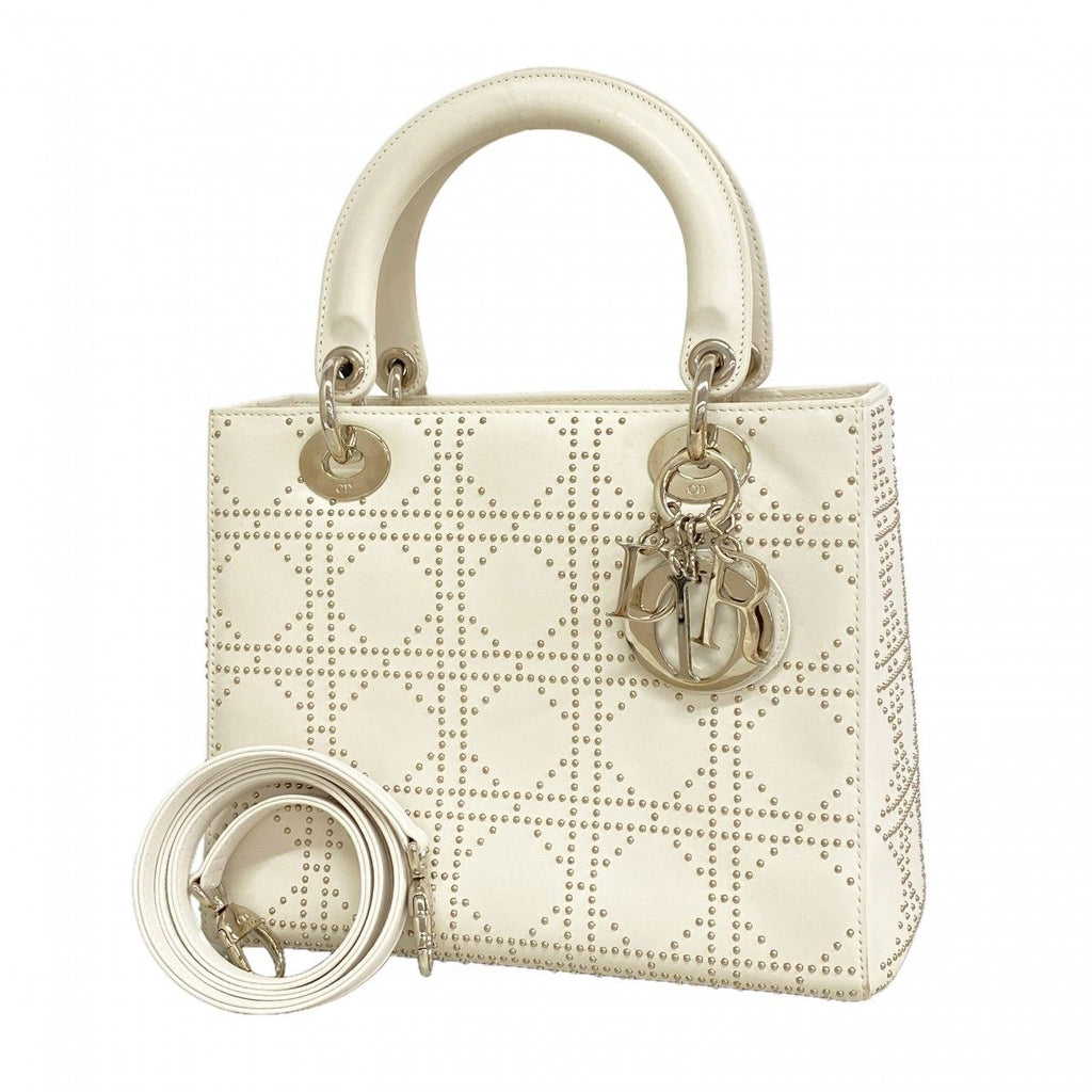 Dior Handbag Cannage Lady Leather Ivory Silver 2-Way
