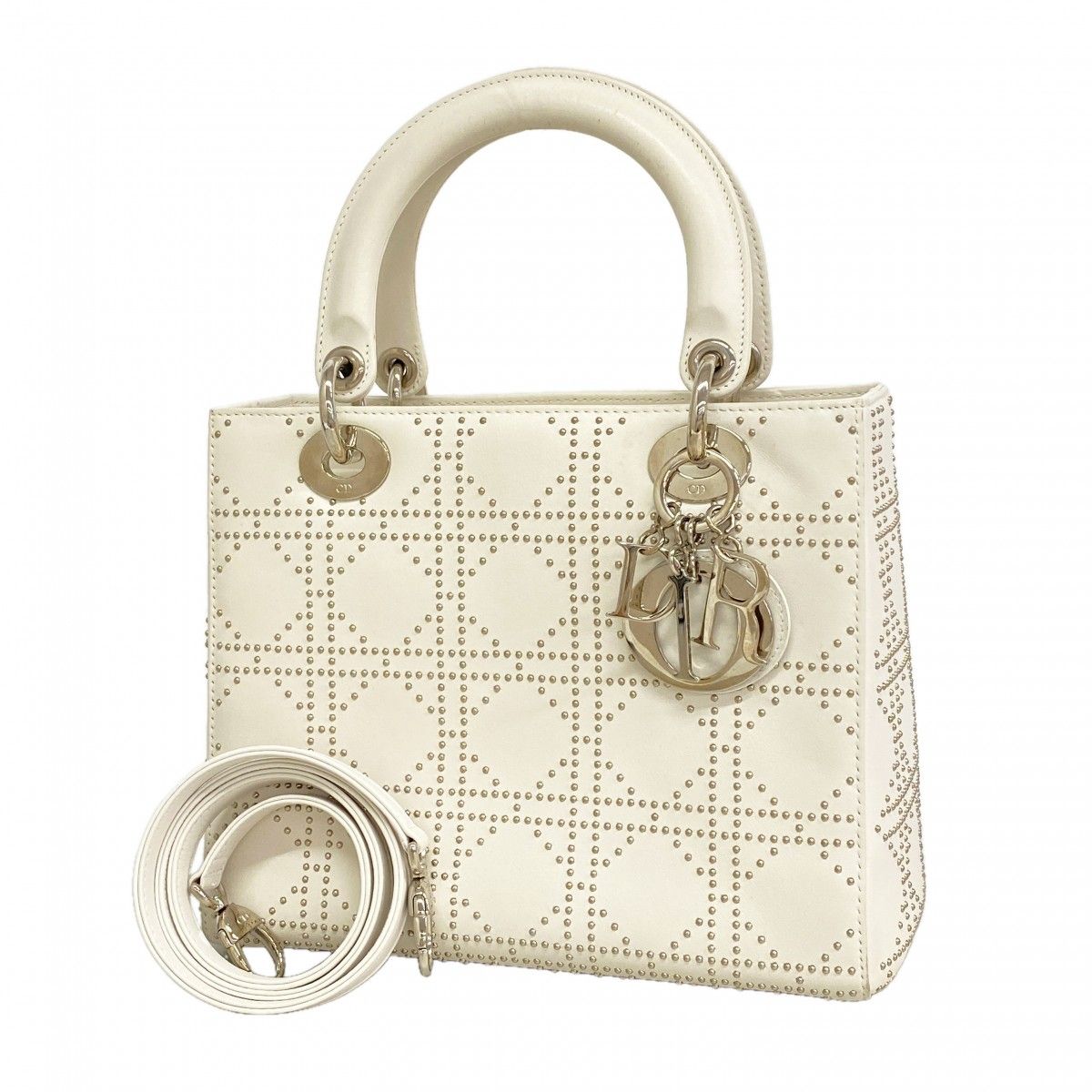 Dior Handbag Cannage Lady Leather Ivory Silver 2-Way