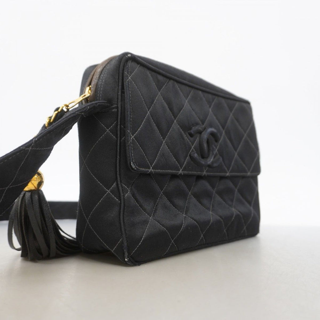 Chanel Shoulder Bag Quilted Satin Black Gold — view 2