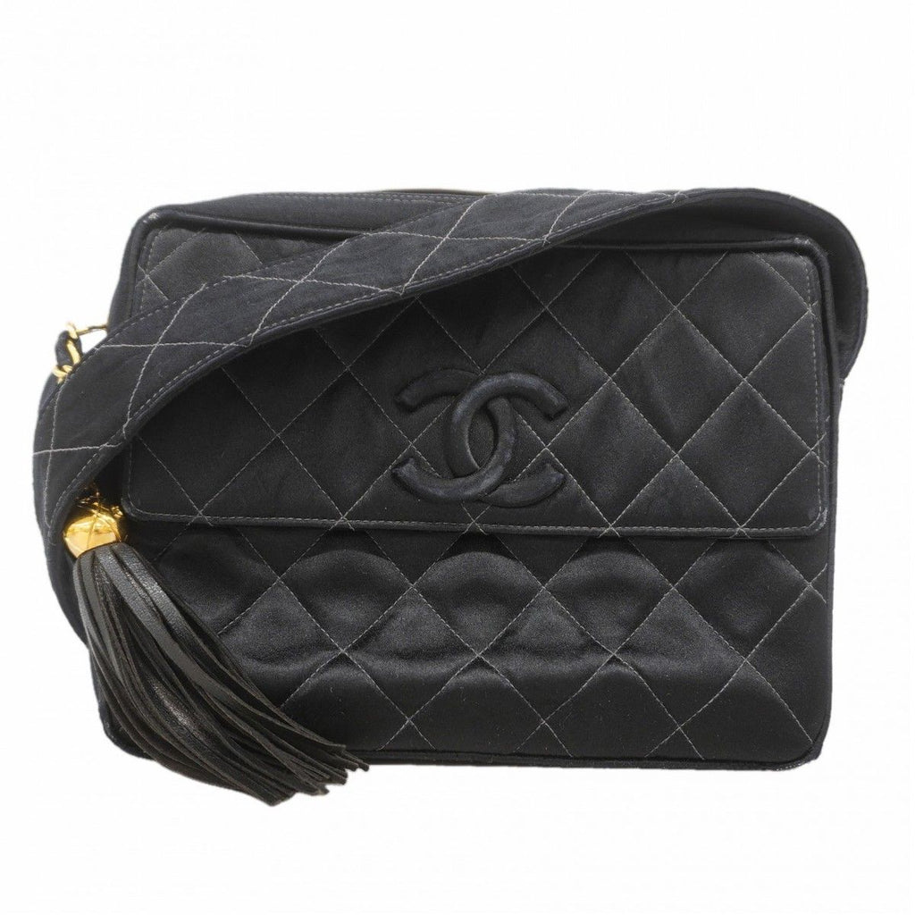 Chanel Shoulder Bag Quilted Satin Black Gold