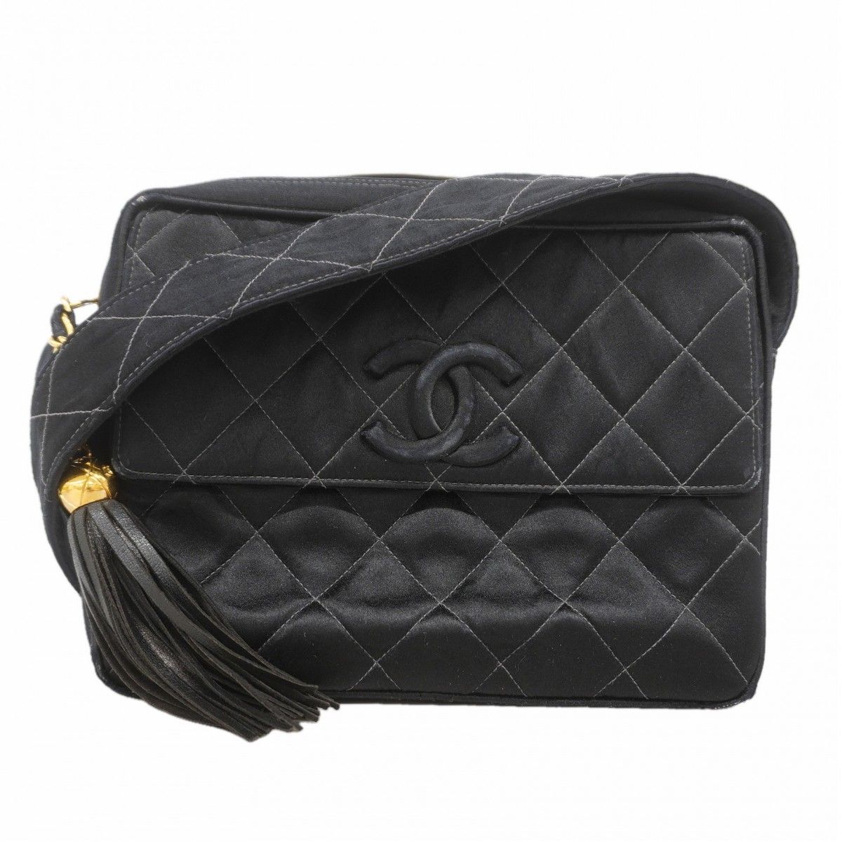 Chanel Shoulder Bag Quilted Satin Black Gold