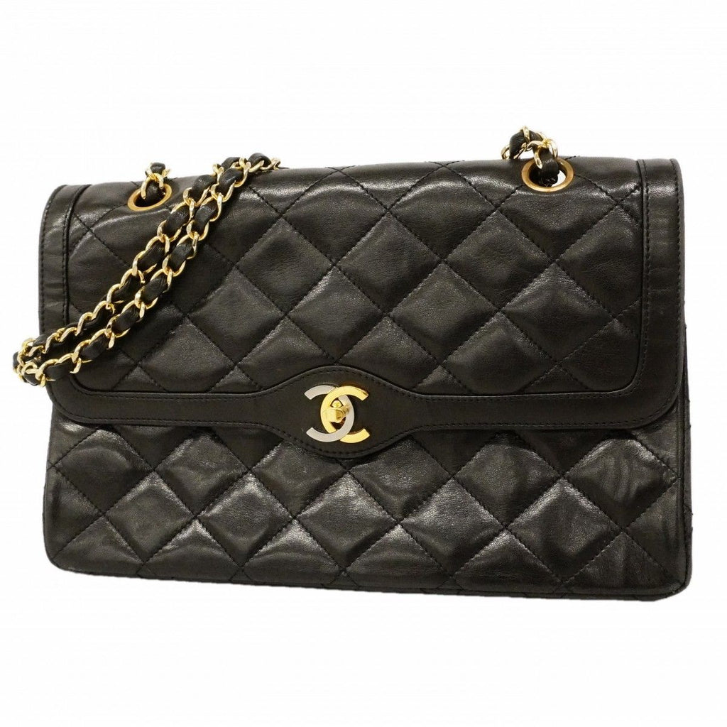 Chanel Shoulder Bag Quilted Limited Edition Lambskin Black Gold Silver