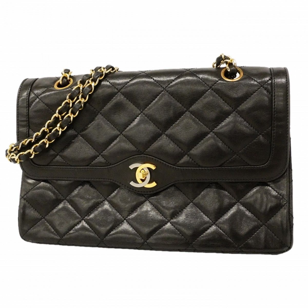 Chanel Shoulder Bag Quilted Limited Edition Lambskin Black Gold Silver