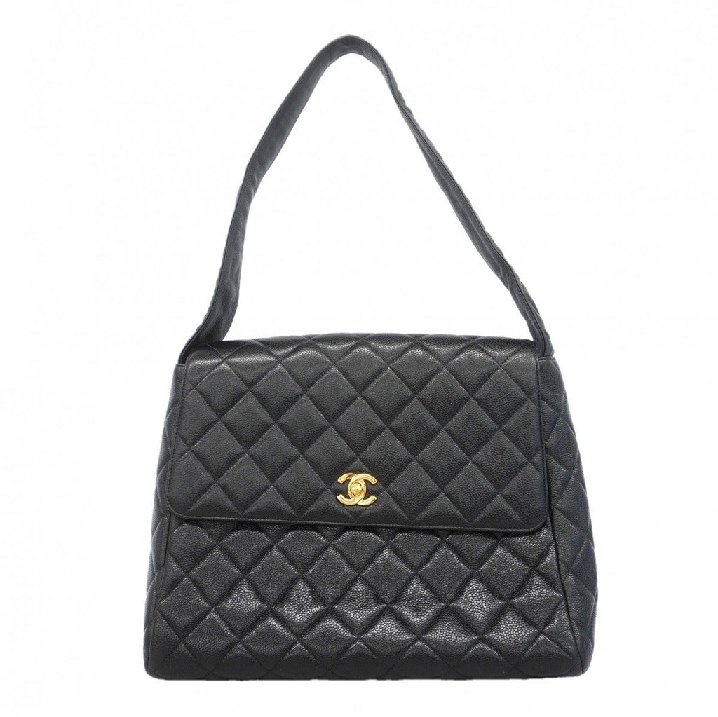 Chanel Shoulder Bag Quilted Caviar Leather Black Gold