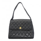 Chanel Shoulder Bag Quilted Caviar Leather Black Gold