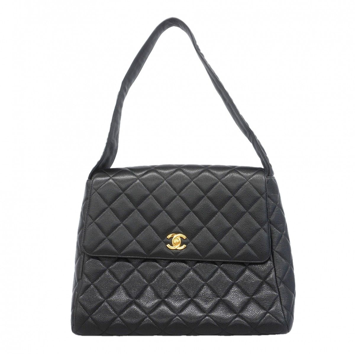 Chanel Shoulder Bag Quilted Caviar Leather Black Gold