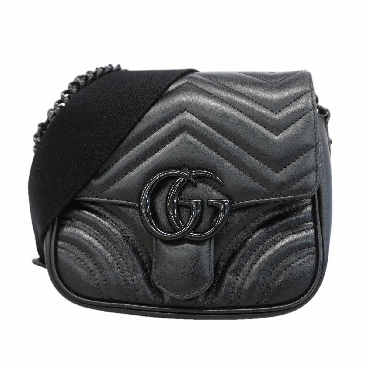 Gucci Handbag GG Marmont Leather Black Silver 2-Way