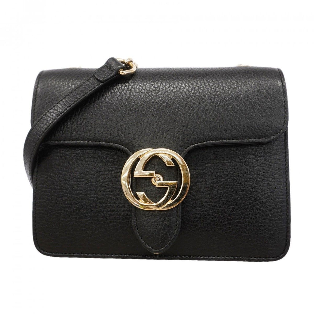Gucci Shoulder Bag Interlocking Leather Black Champagne Gold