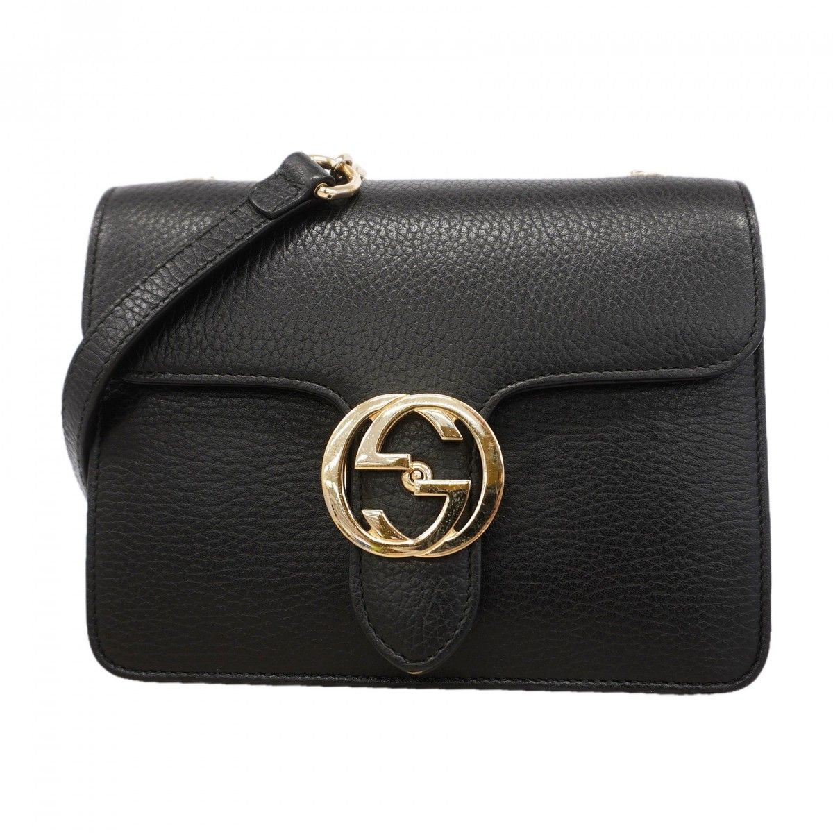 Gucci Shoulder Bag Interlocking Leather Black Champagne Gold