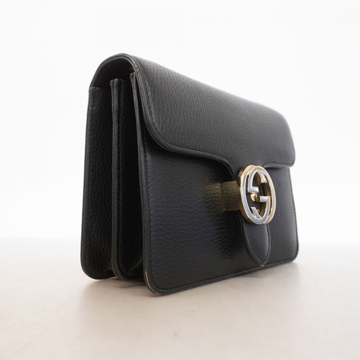 Gucci Shoulder Bag Interlocking Leather Black Champagne Gold — view 2