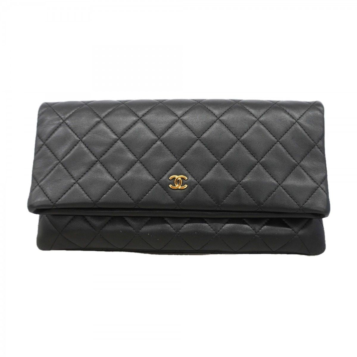 Chanel Clutch Quilted Lambskin Black Gold