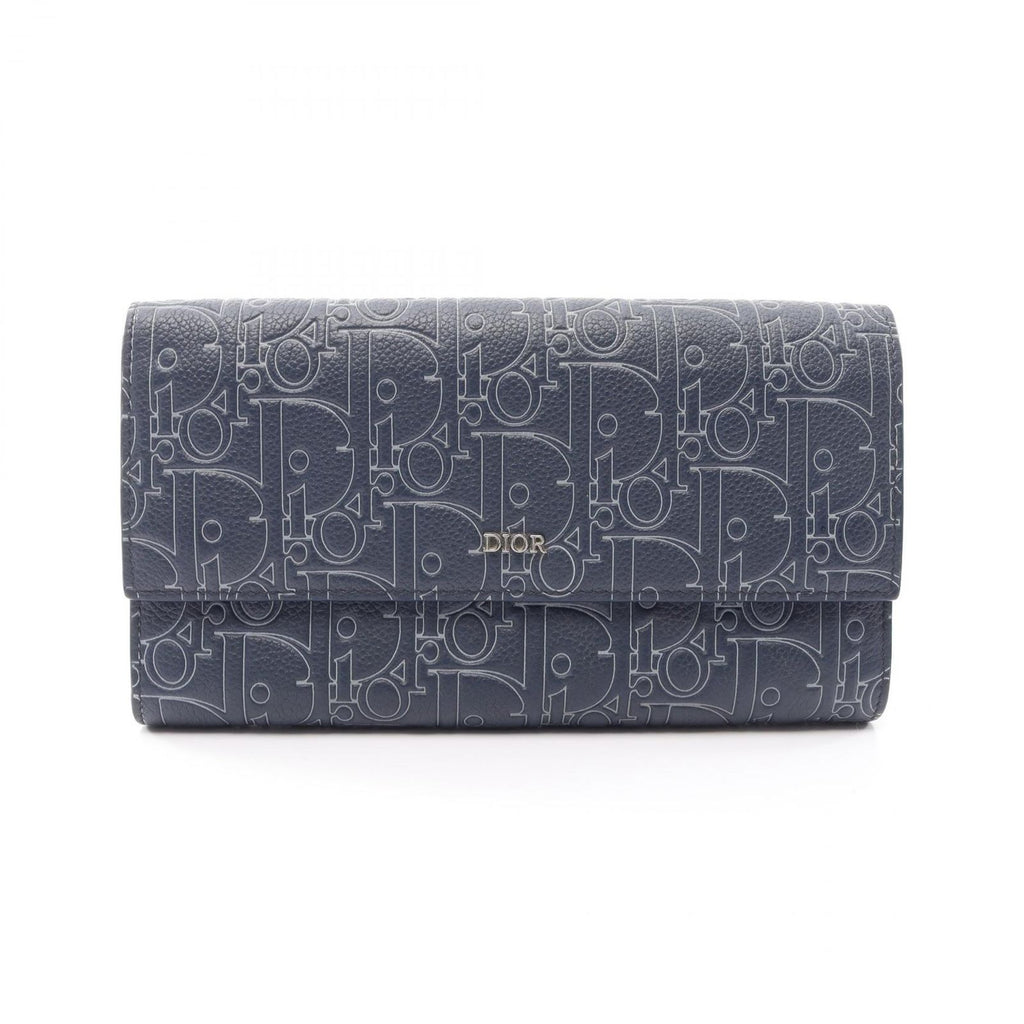 Dior Bifold Wallet Long Flap Gravity Out Line Navy Gray Leather