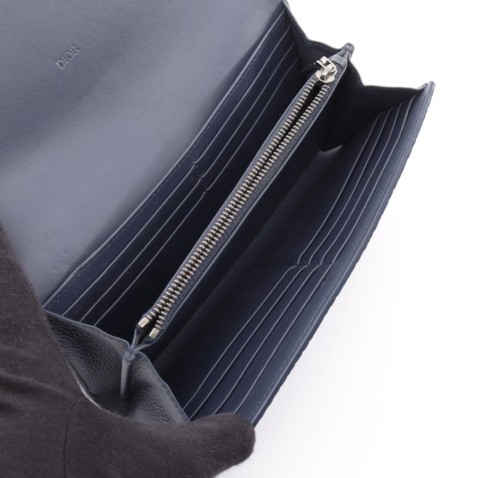 Dior Bifold Wallet Long Flap Gravity Out Line Navy Gray Leather — view 3