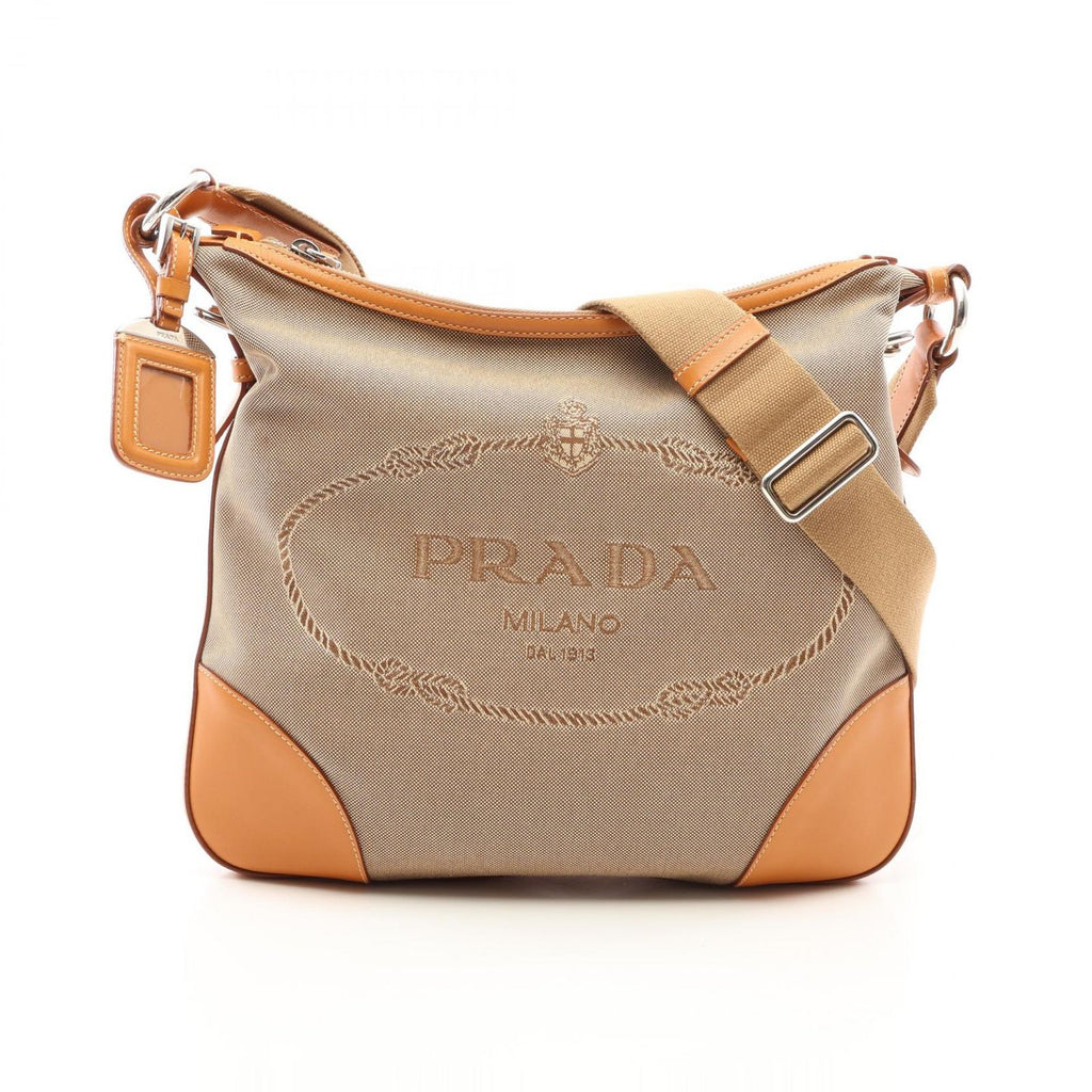 Prada Shoulder Bag Logo Jacquard Beige Canvas Leather