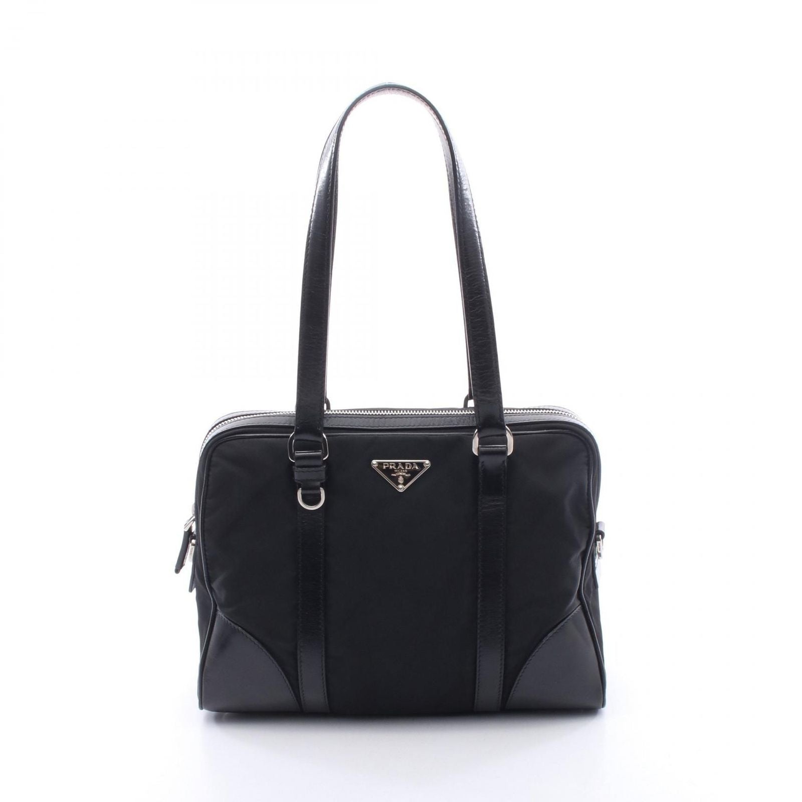 Prada Tote Triangle Logo Black Nylon Leather Shoulder