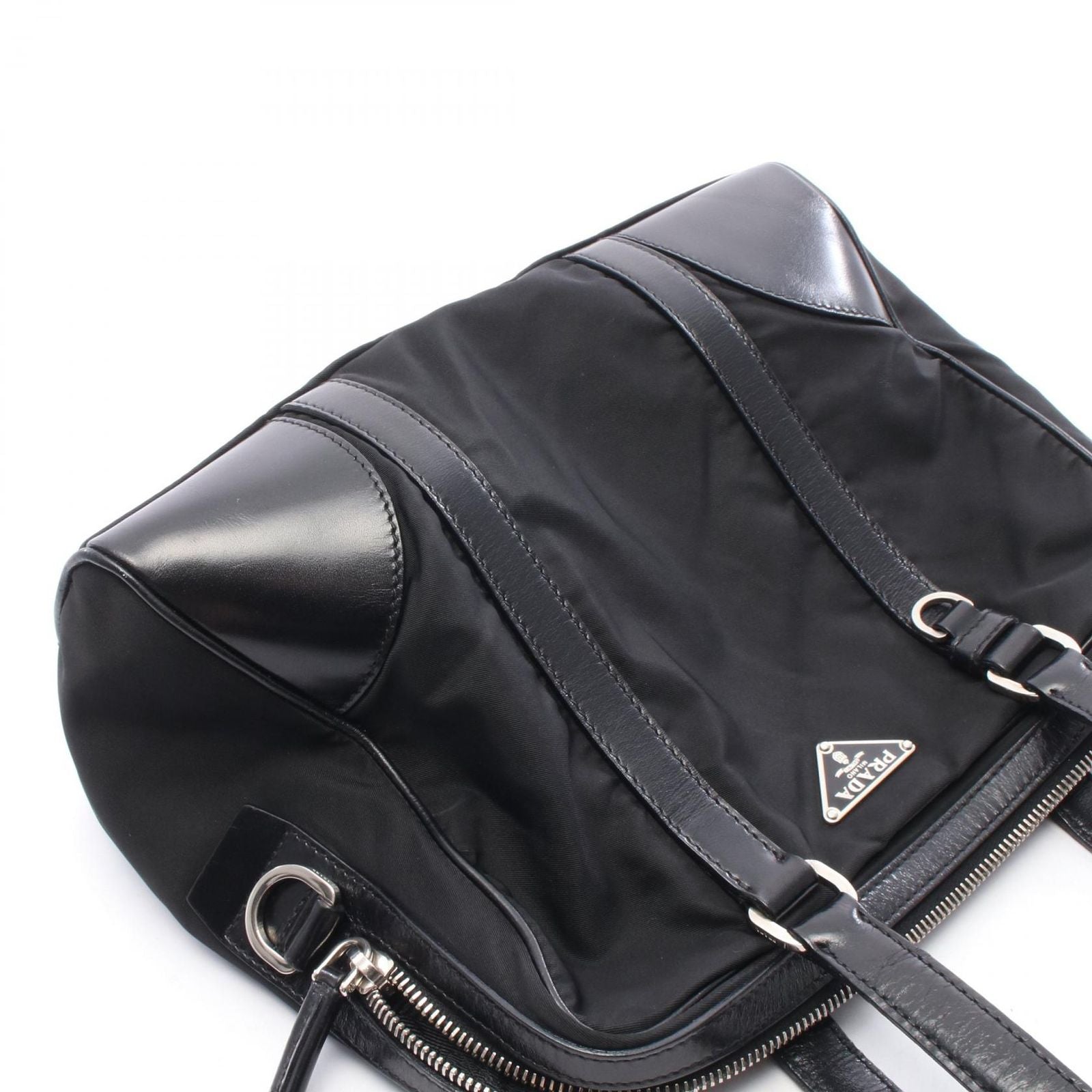 Prada Tote Triangle Logo Black Nylon Leather Shoulder — view 5
