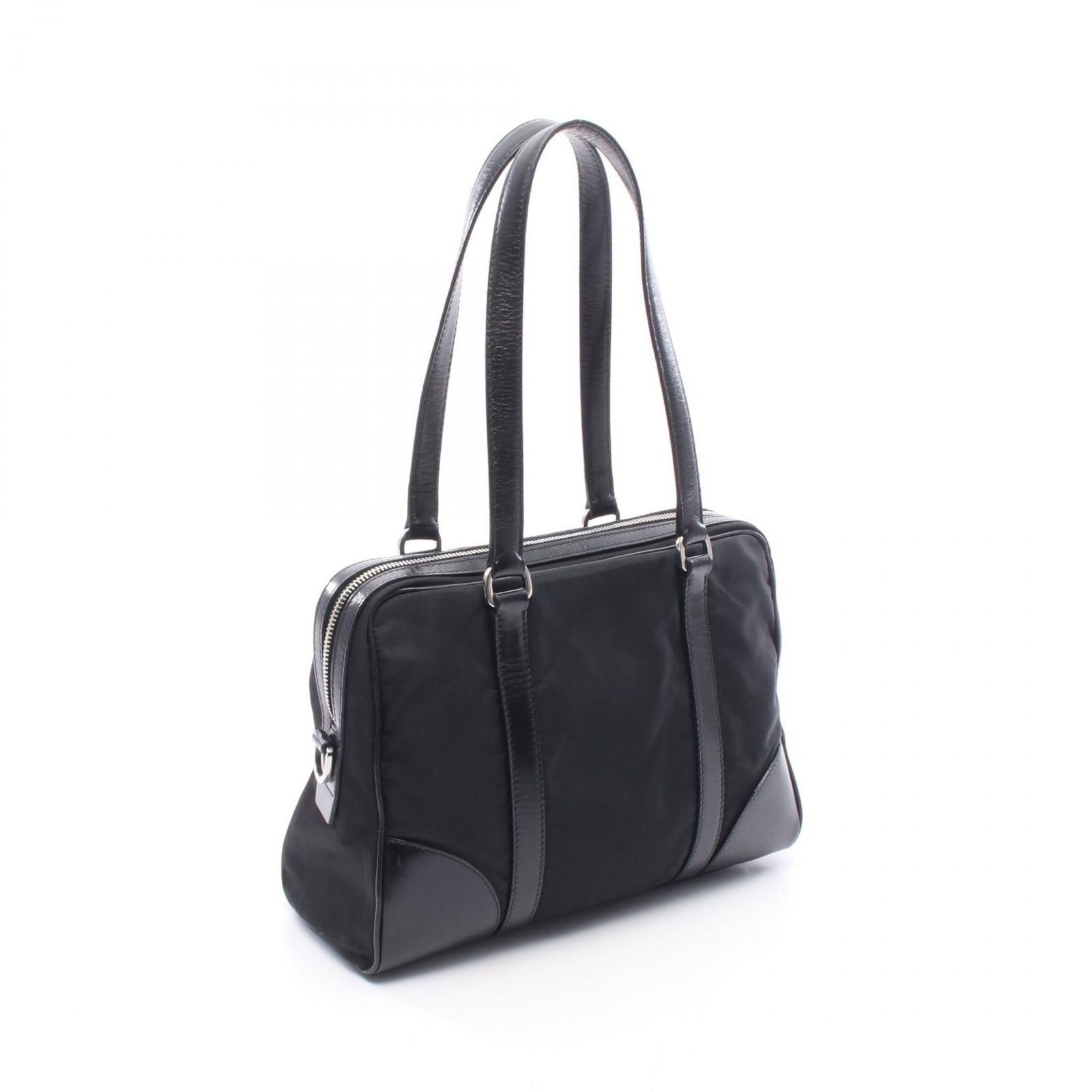 Prada Tote Triangle Logo Black Nylon Leather Shoulder — view 2