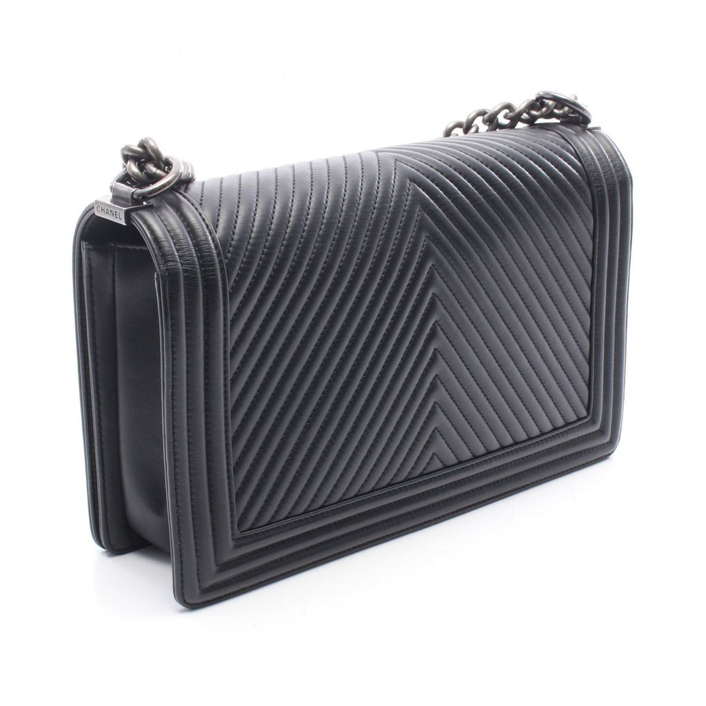 Chanel Shoulder Bag Boy Large Chest Blanc Stitch Black Lambskin Boy Chain — view 2