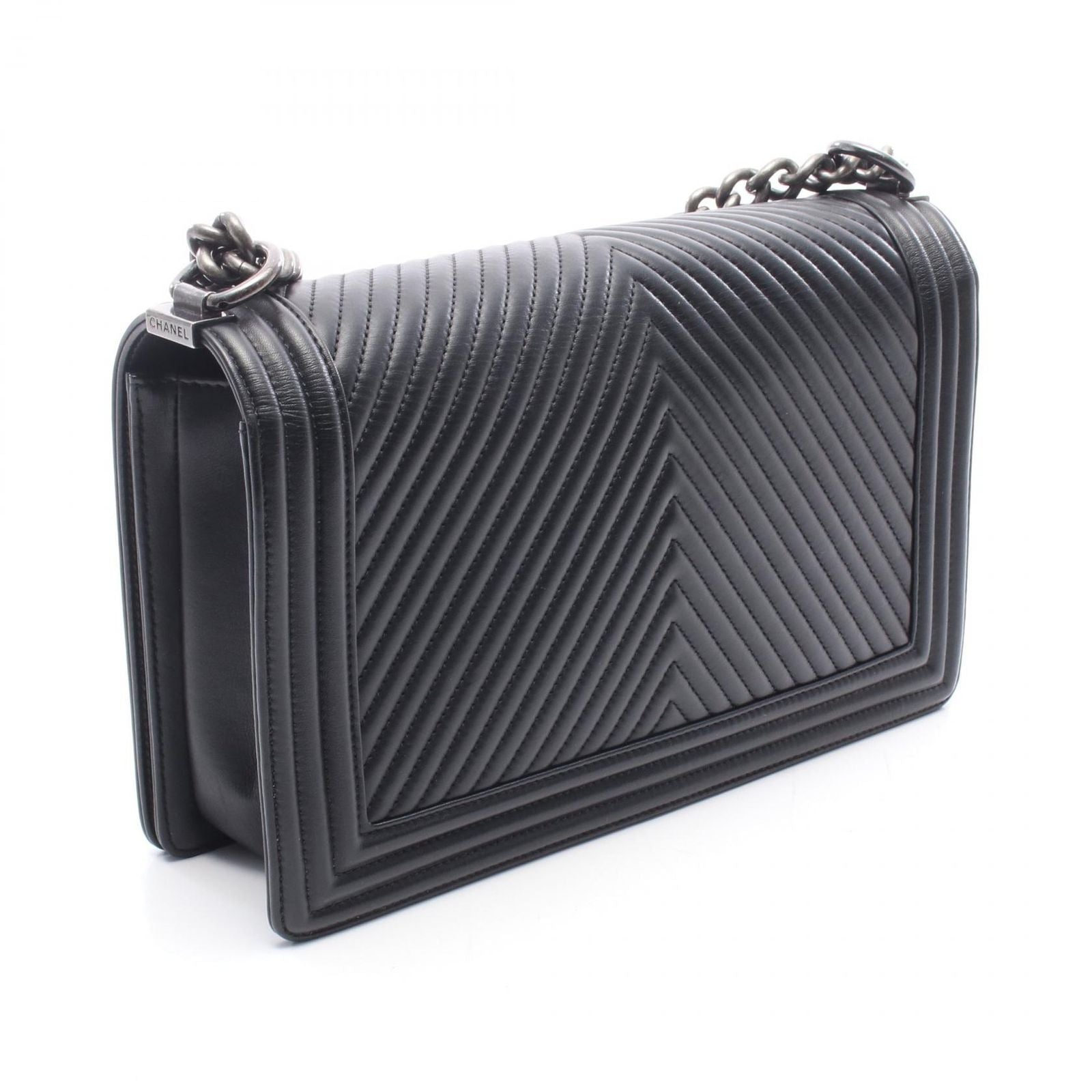 Chanel Shoulder Bag Boy Large Chest Blanc Stitch Black Lambskin Boy Chain — view 2