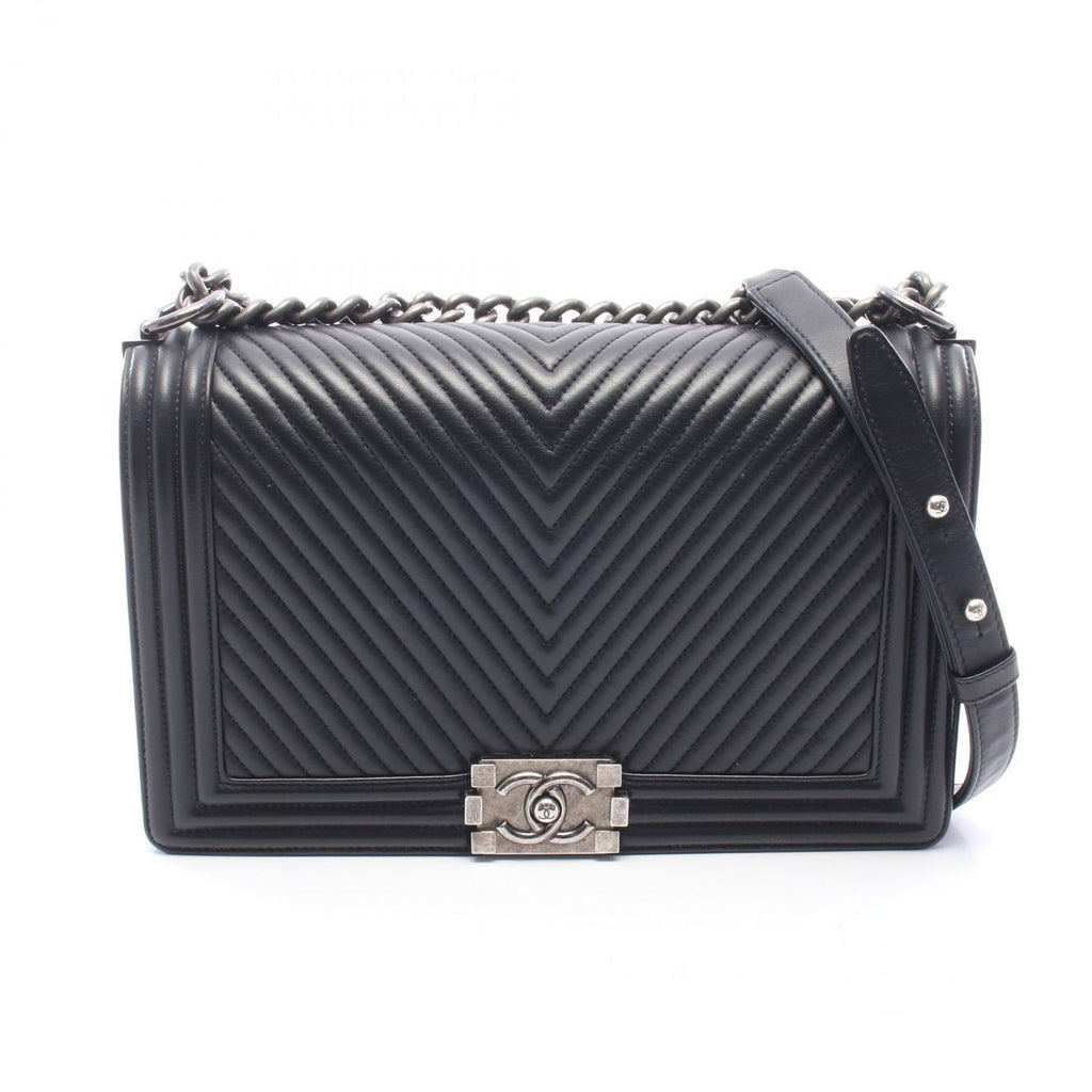 Chanel Shoulder Bag Boy Large Chest Blanc Stitch Black Lambskin Boy Chain