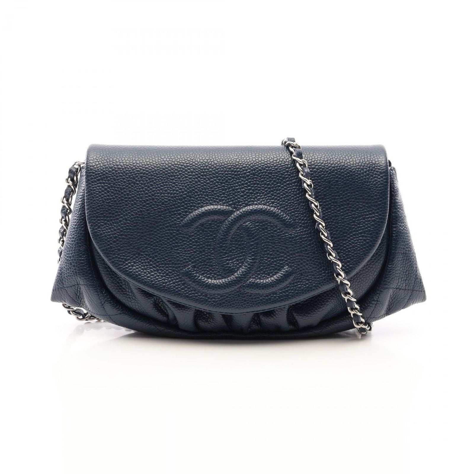 Chanel Shoulder Bag Half Moon CC Logo Navy Caviar Leather CC Chain Wallet