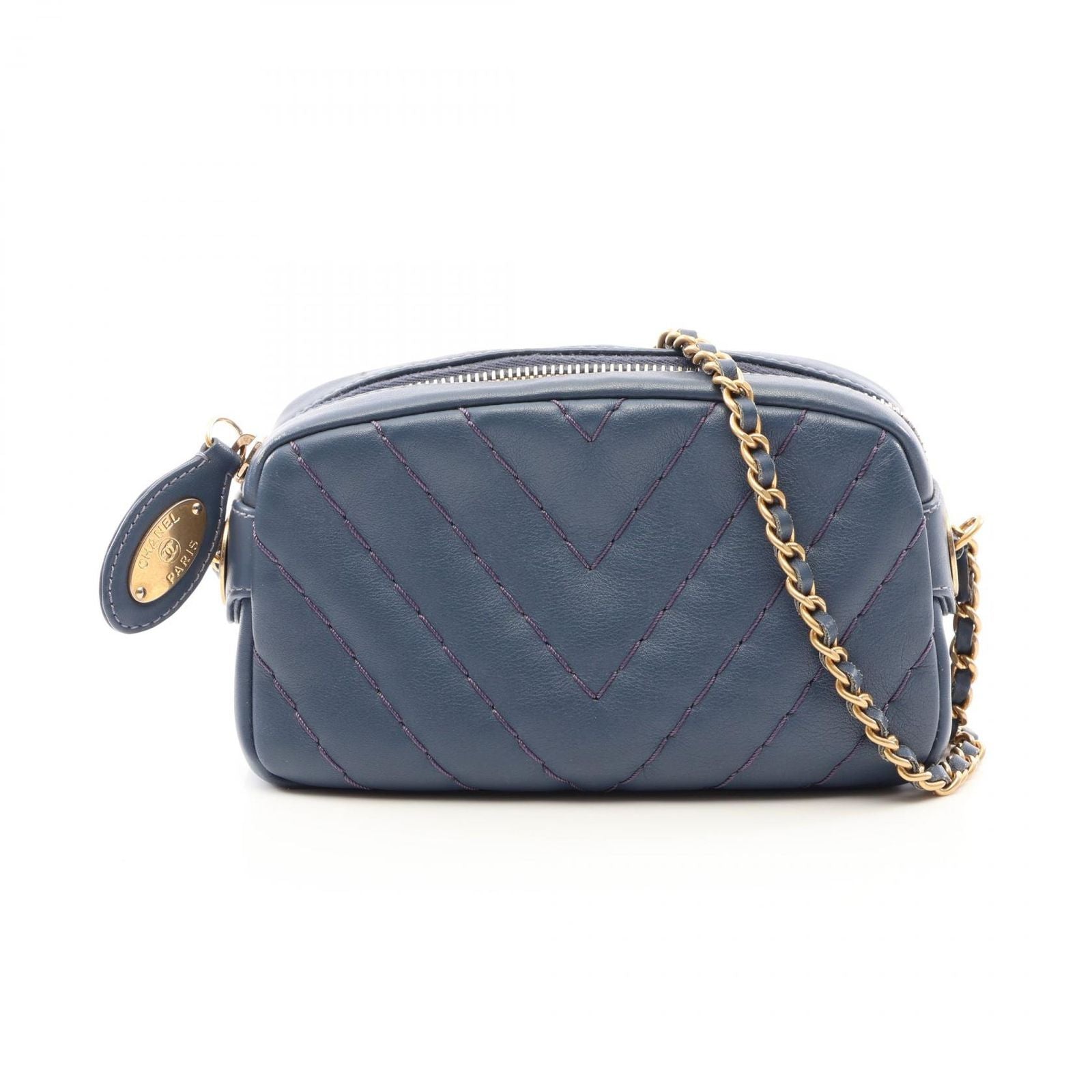Chanel Shoulder Bag Stitch Che Blanc Smoked Blue Leather Mini Chain