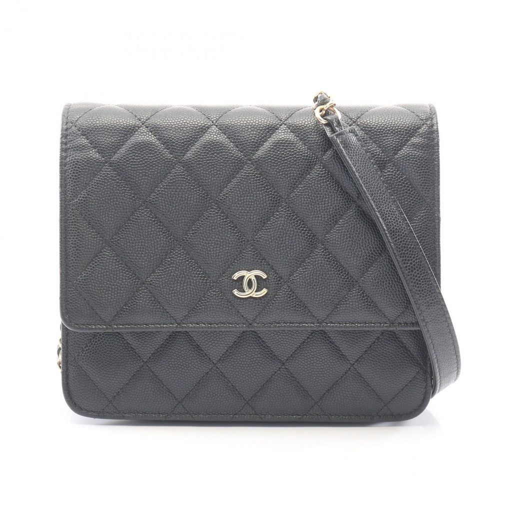 Chanel Shoulder Bag Quilted Black Caviar Leather Chain Wallet