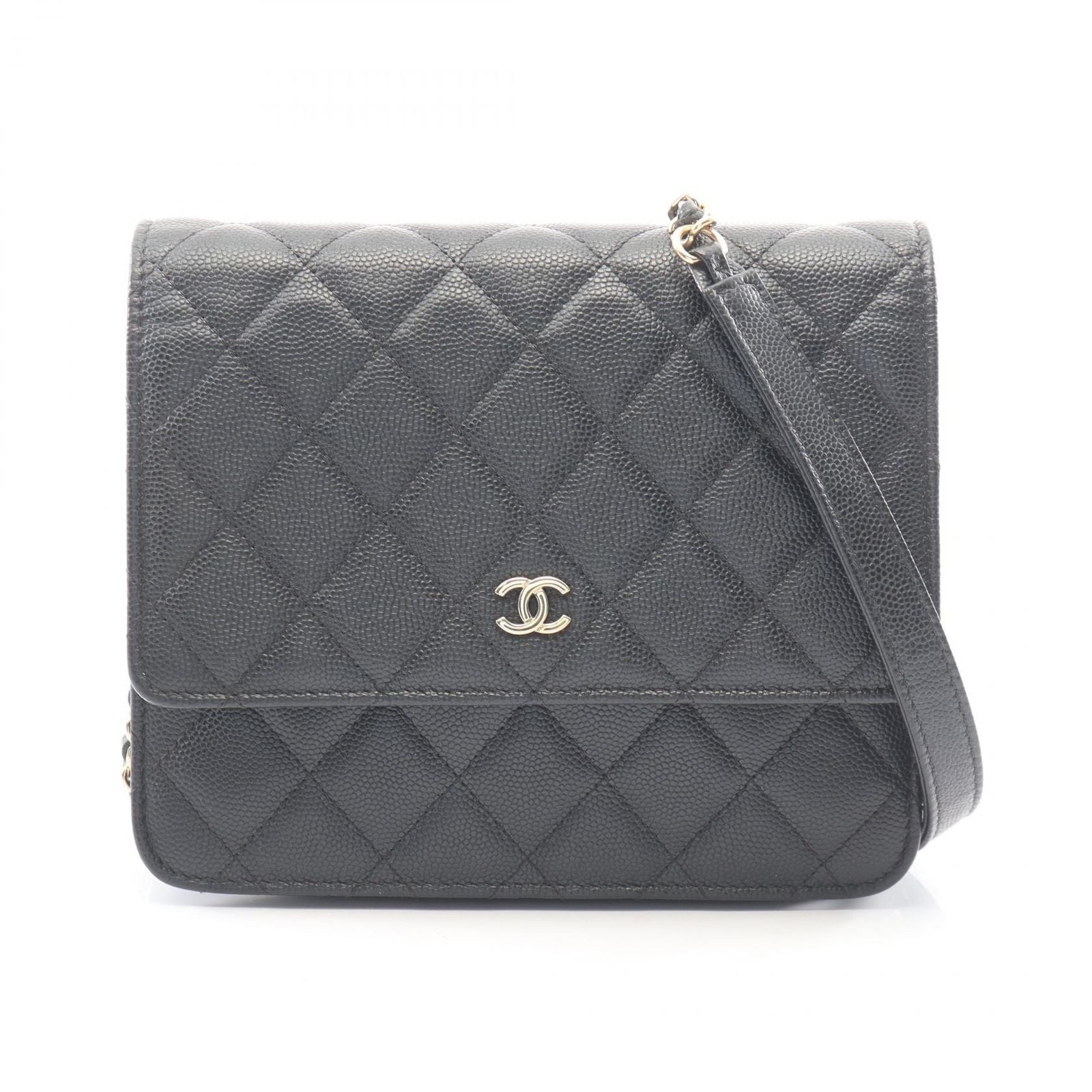 Chanel Shoulder Bag Quilted Black Caviar Leather Chain Wallet