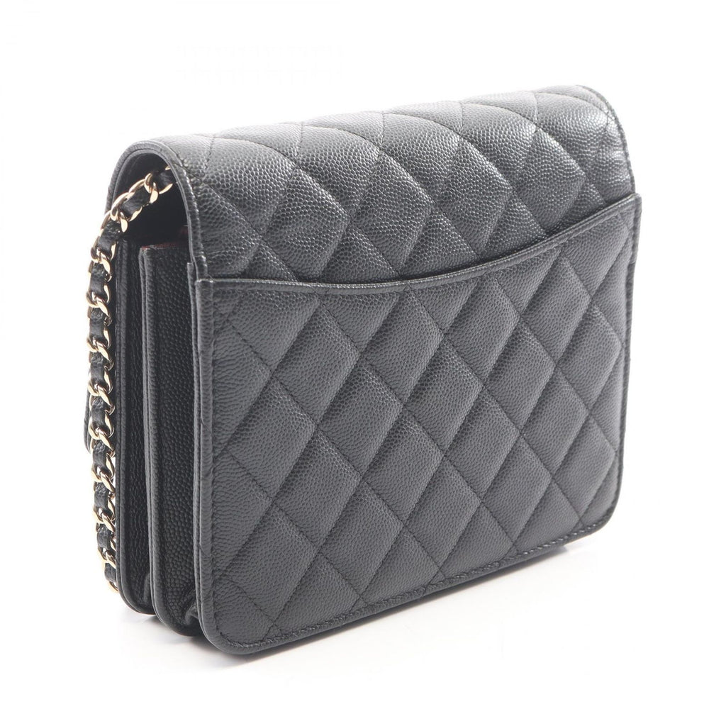 Chanel Shoulder Bag Quilted Black Caviar Leather Chain Wallet — view 2