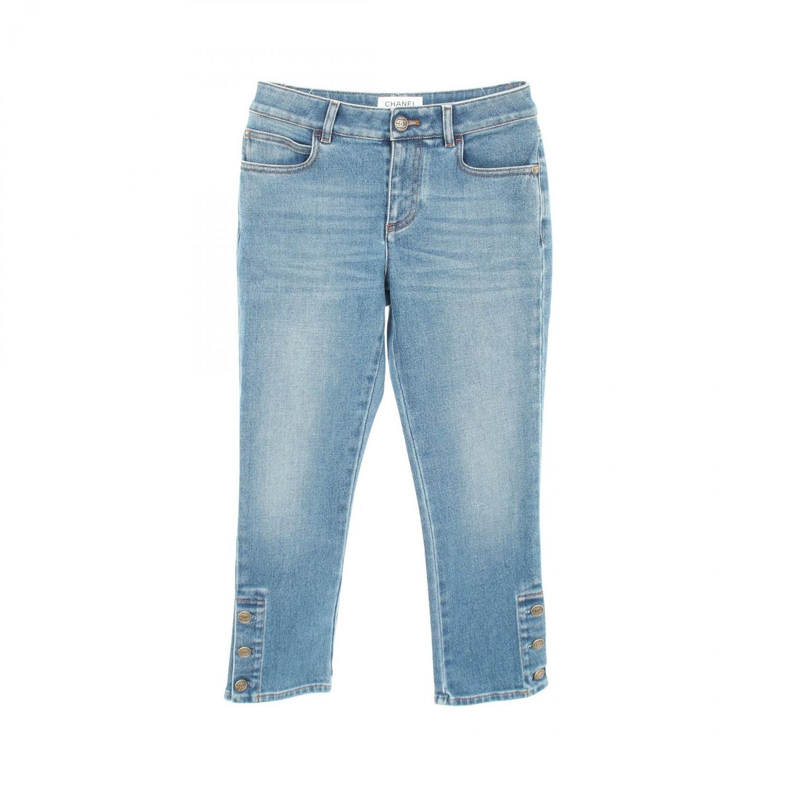 Chanel Denim Pants CC Logo Button Cotton