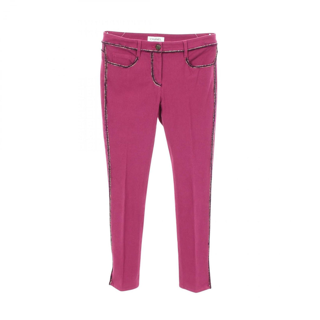 Chanel Pants CC Logo Button Tweed Trim Skinny Cotton