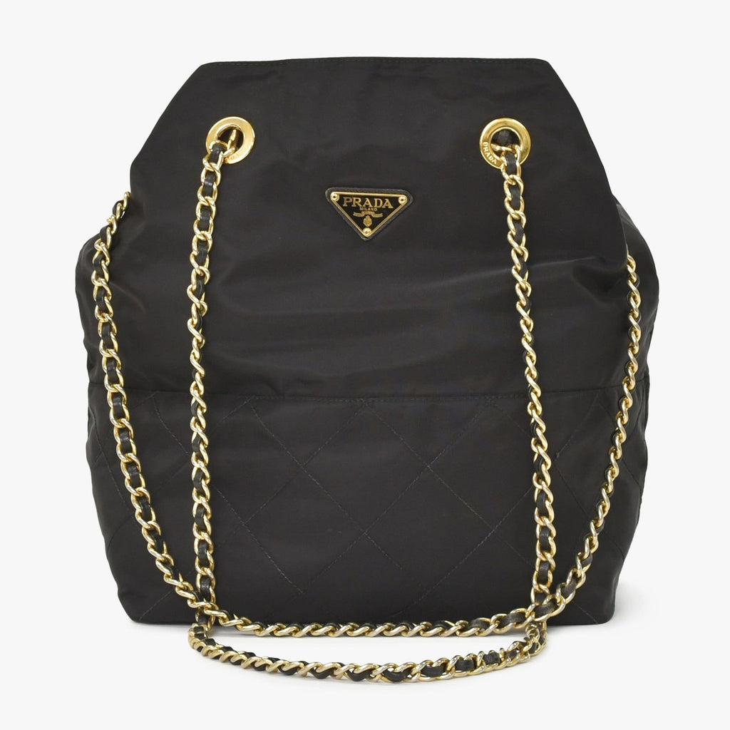 Prada Tote Bag Triangle Logo Nylon Black Gold