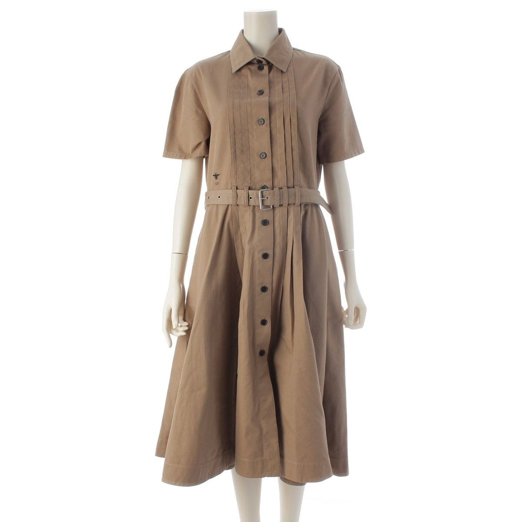 Dior Cotton Logo Belt Short Sleeve Dress Midi Beige 38