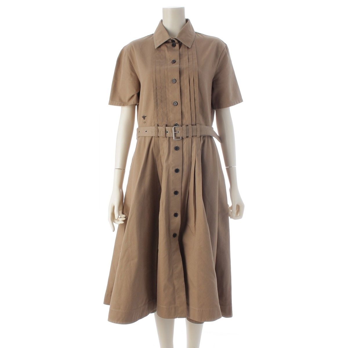 Dior Cotton Logo Belt Short Sleeve Dress Midi Beige 38