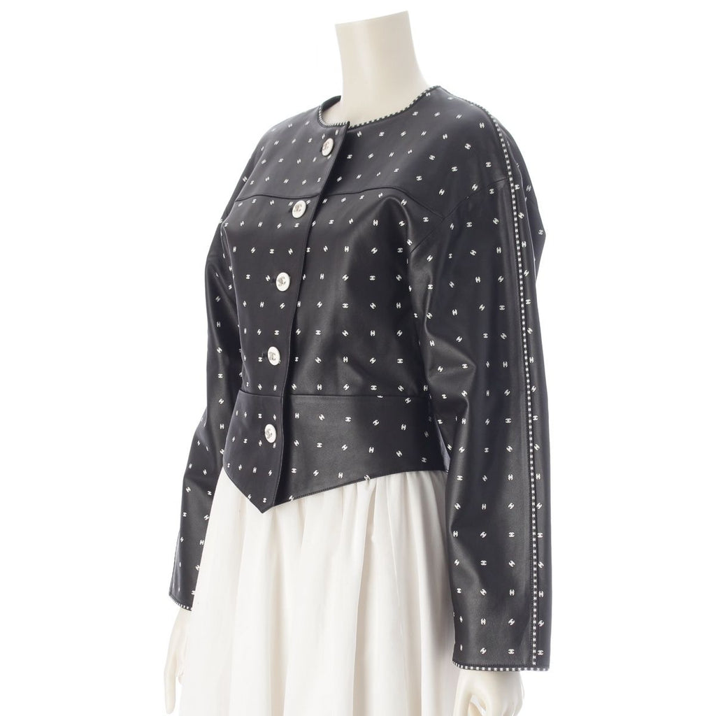 Chanel Lamb Leather CC Logo Cropped Collarless Jacket Black 34 — view 2