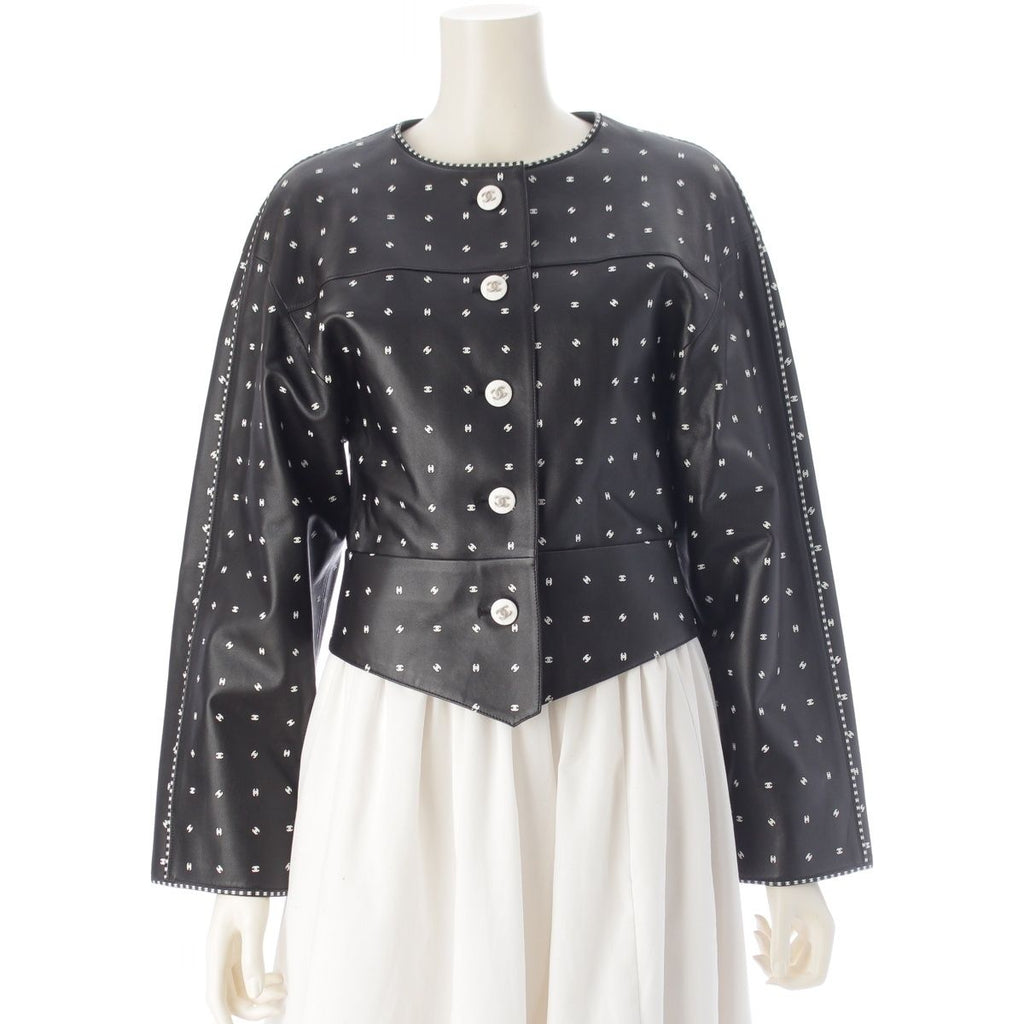 Chanel Lamb Leather CC Logo Cropped Collarless Jacket Black 34