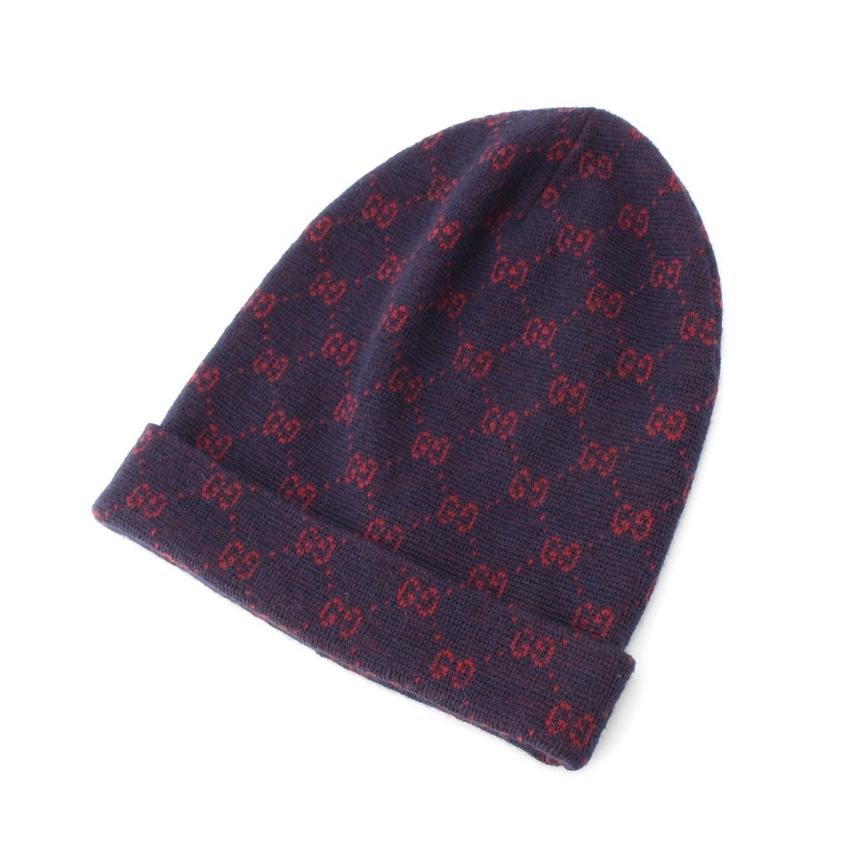 Gucci Alpaca Wool GG Pattern Knit Cap Beanie Hat Navy Red L 59