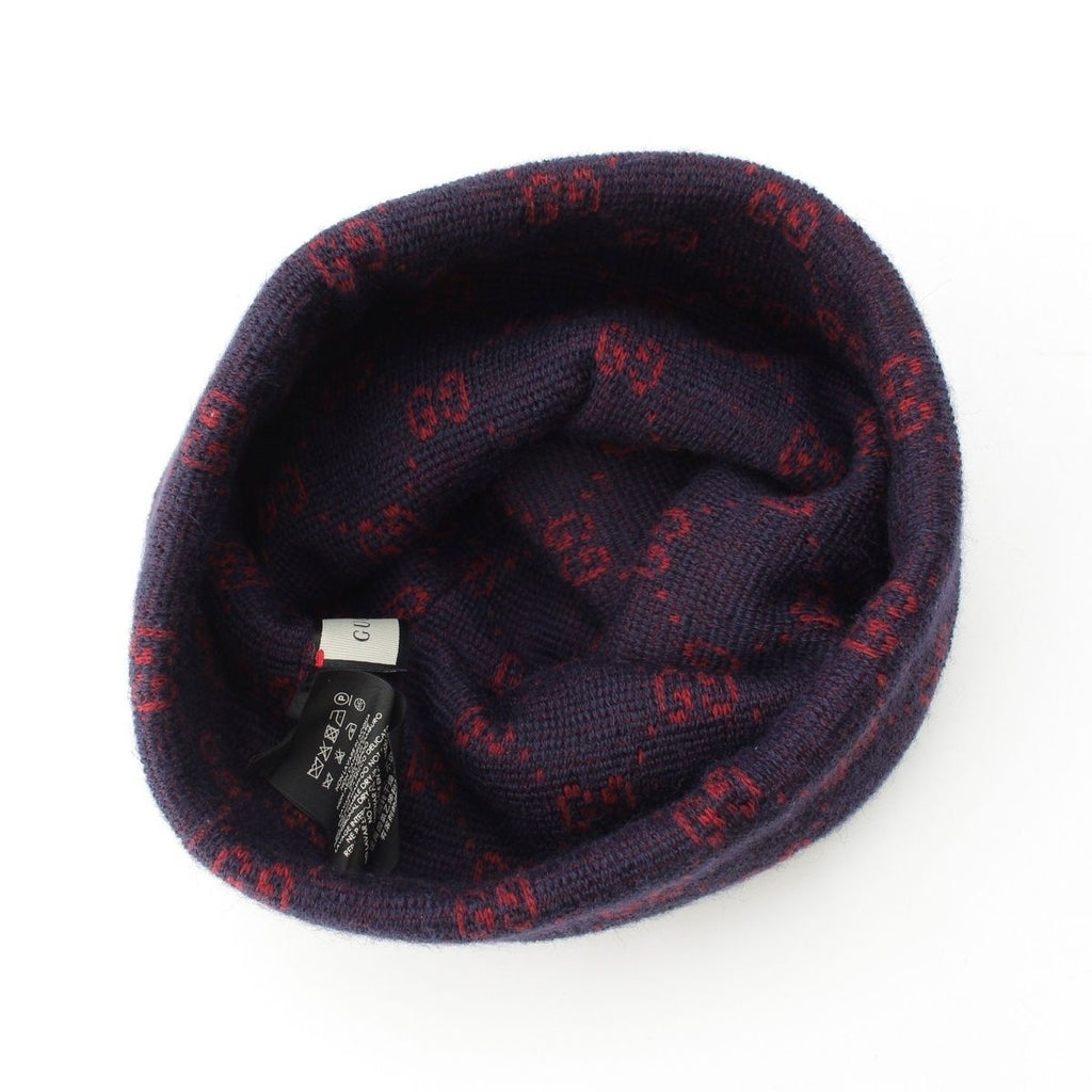 Gucci Alpaca Wool GG Pattern Knit Cap Beanie Hat Navy Red L 59 — view 3