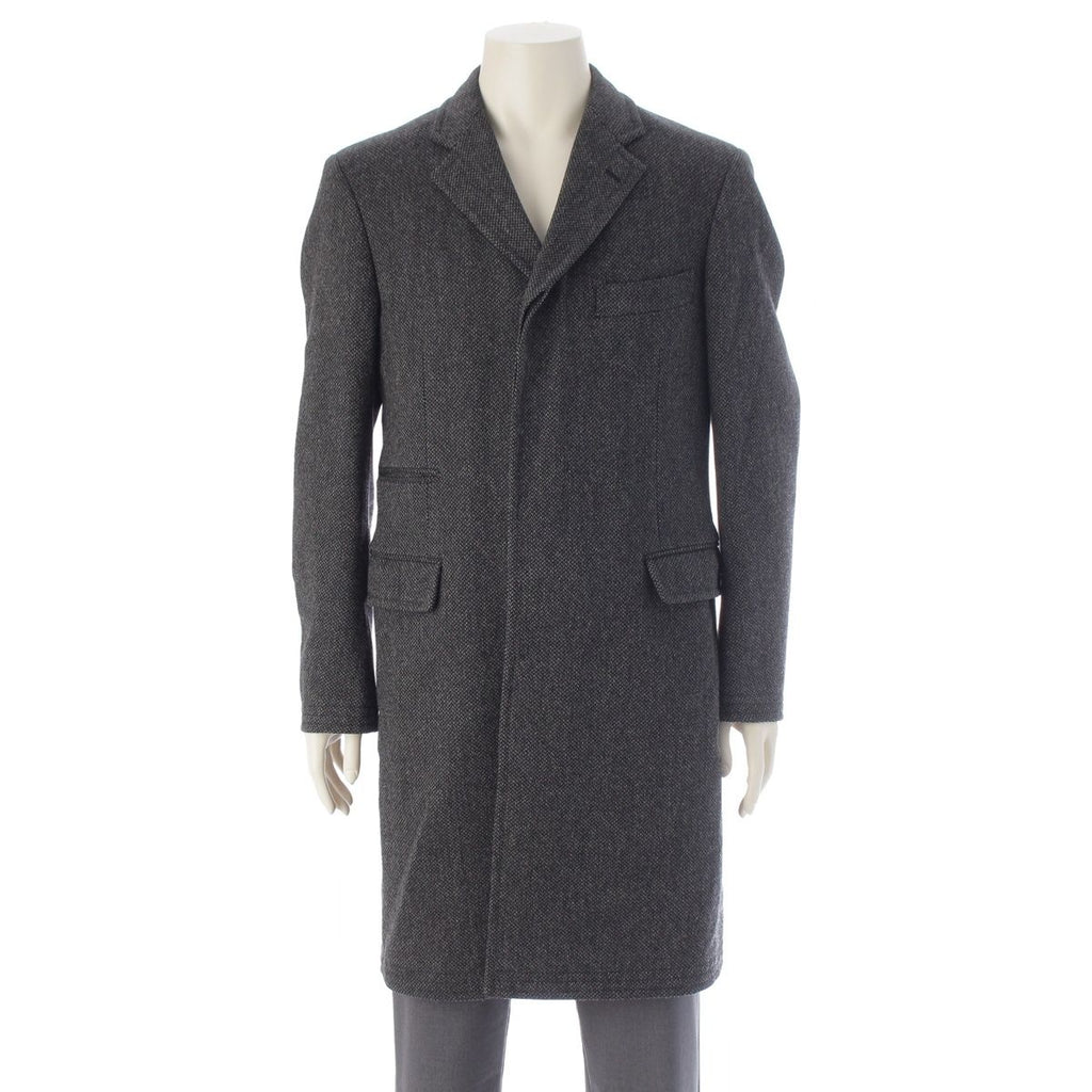 Hermes Wool Cashmere Herringbone Chesterfield Long Coat Gray Black 48