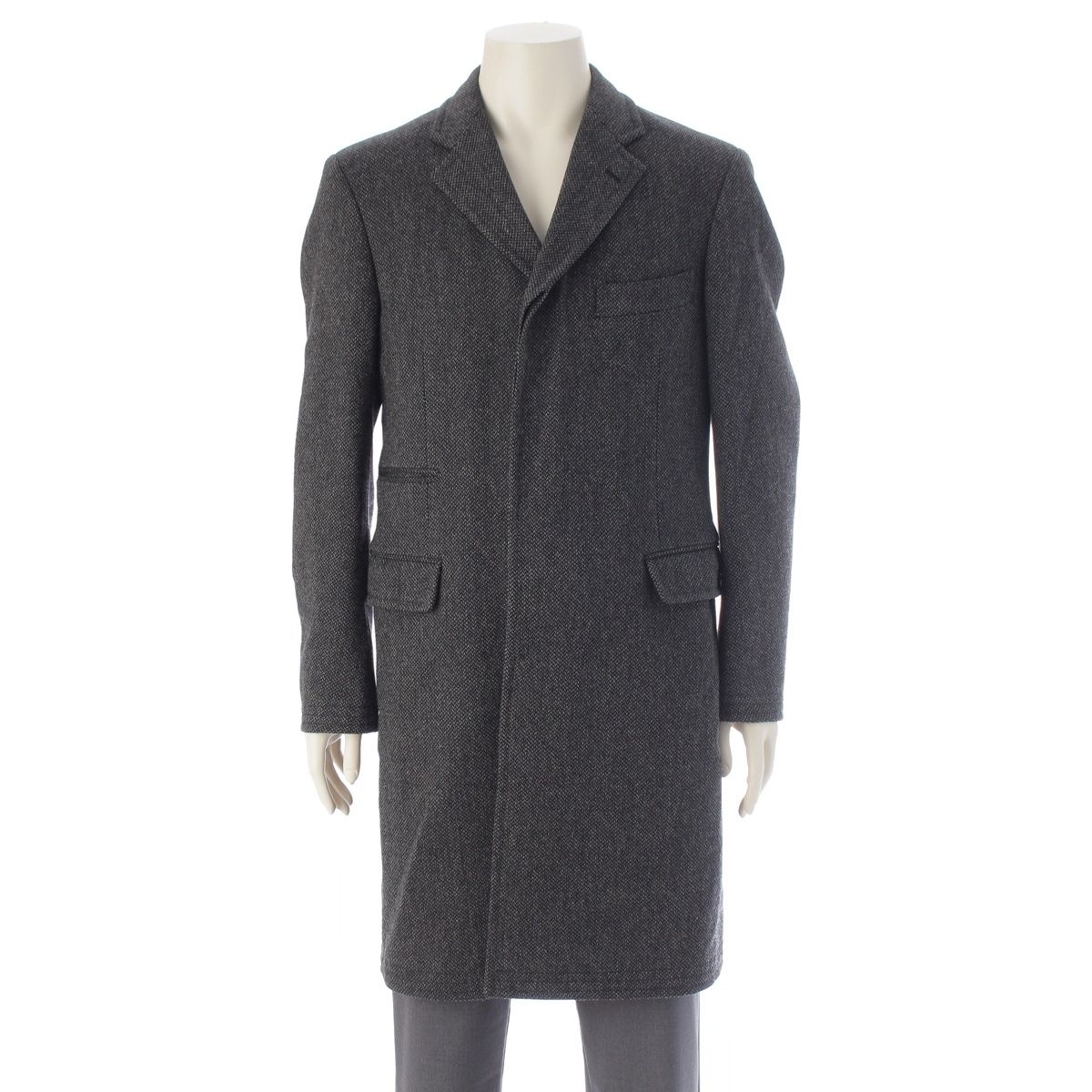 Hermes Wool Cashmere Herringbone Chesterfield Long Coat Gray Black 48