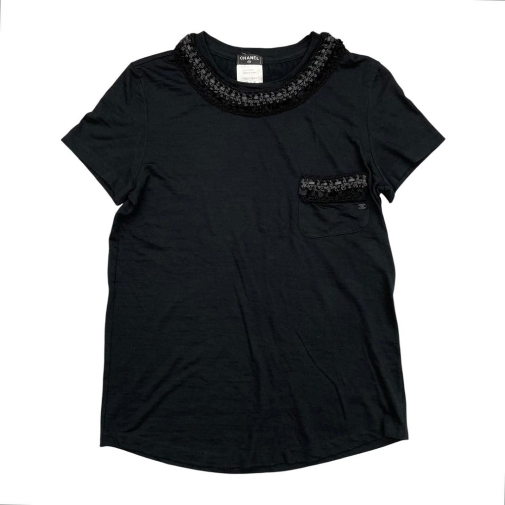 Chanel Short Sleeve Top CC Logo Braided Pocket 38 Wool Black