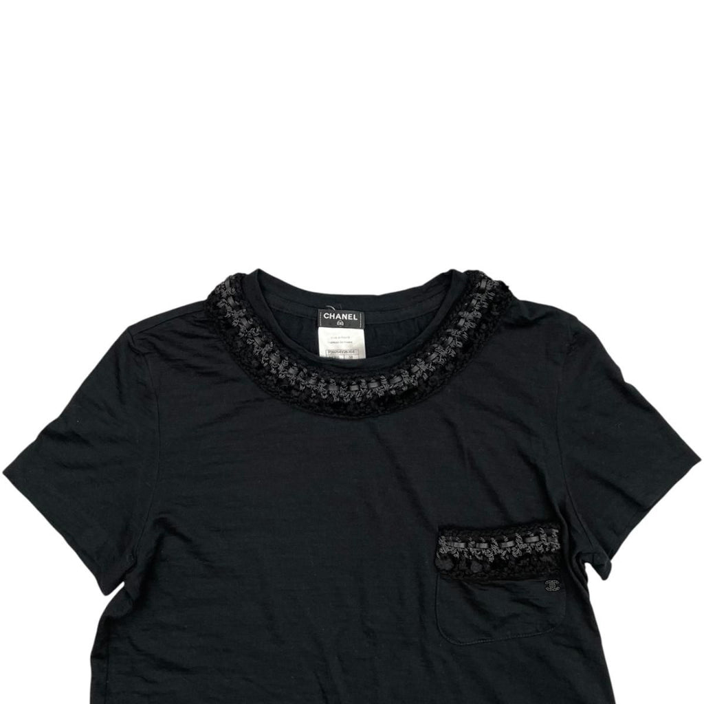 Chanel Short Sleeve Top CC Logo Braided Pocket 38 Wool Black — view 3