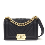 Chanel Shoulder Bag Boy 20 Small Black Caviar Leather Gold