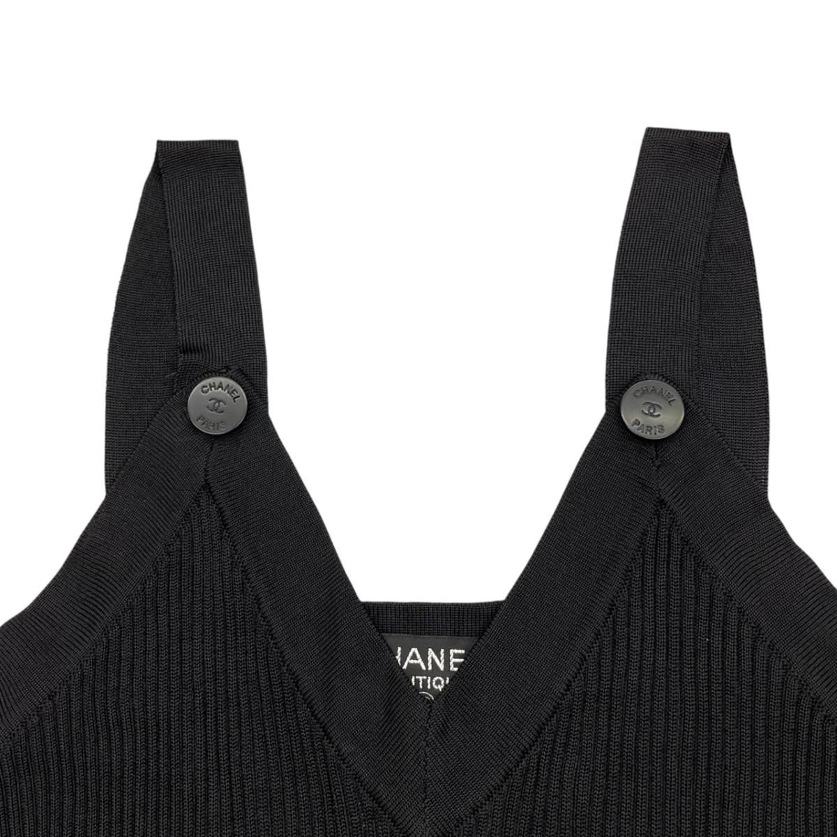 Chanel Sleeveless Dress Rib Knit 38 Viscose CC Logo Button Black — view 8