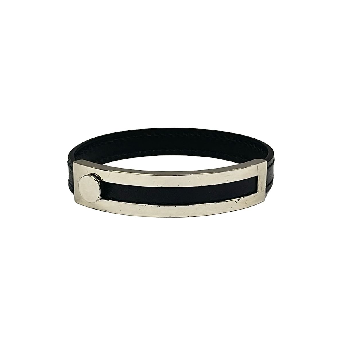 Hermes Bangle Puspusu Leather Black Silver Bracelet
