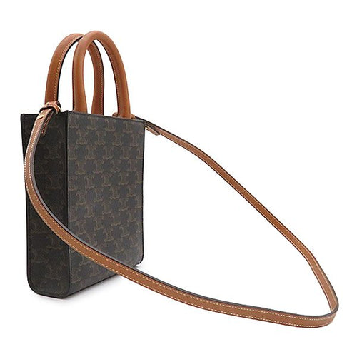 Celine 2-Way Bag Mini Vertical Cover Leather Triomphe Canvas Tan Gold Brown — view 2