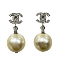 Chanel Earrings Pearl CC Logo Metal Silver White